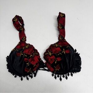 Victoria’s secret vintage Black and Red Floral velvet embroidered Bra sz34B nwt